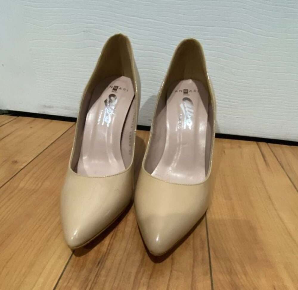 Angari Vivero Nude Patent Stiletto Pointed Toe Pumps